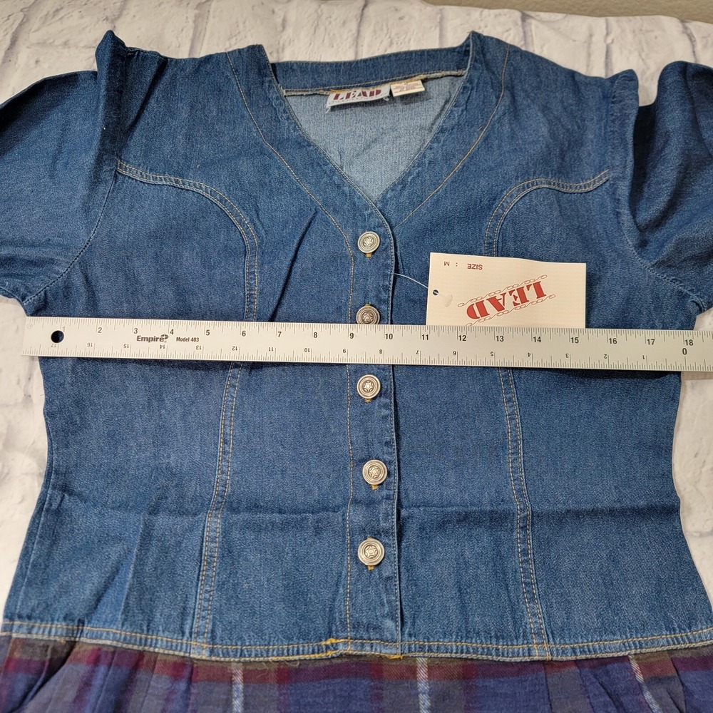 Tunic Top Dress sz Medium Pleated Plaid Flannel Denim Jean Vintage Style 90s Y2K - Picture 10 of 11
